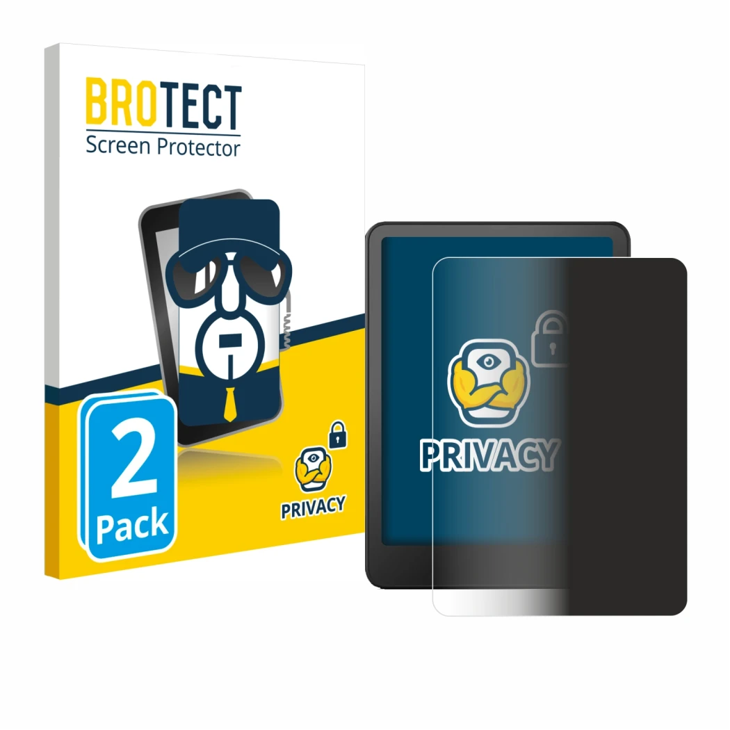 Face avant d’un emballage produit avec le logo de la marque BROTECT. À côté, l’appareil Amazon Kindle Paperwhite 2024 Signatur