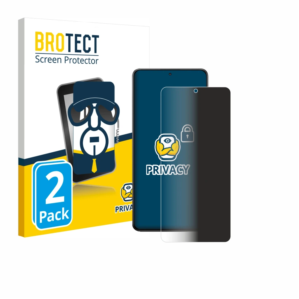 Face avant d’un emballage produit avec le logo de la marque BROTECT. À côté, l’appareil Xiaomi Poco X7 Pro est représenté avec