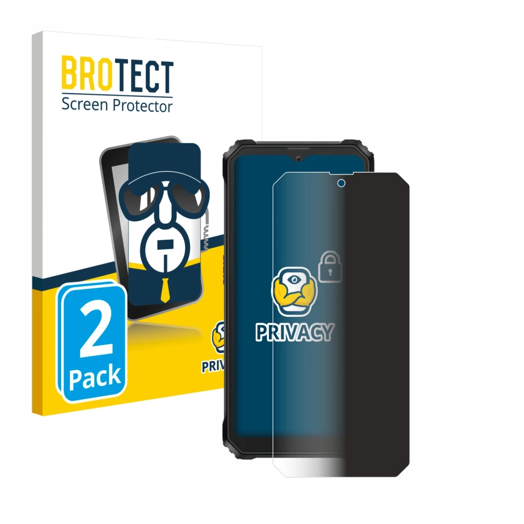 Face avant d’un emballage produit avec le logo de la marque BROTECT. À côté, l’appareil Blackview BV6200 Plus est représenté a