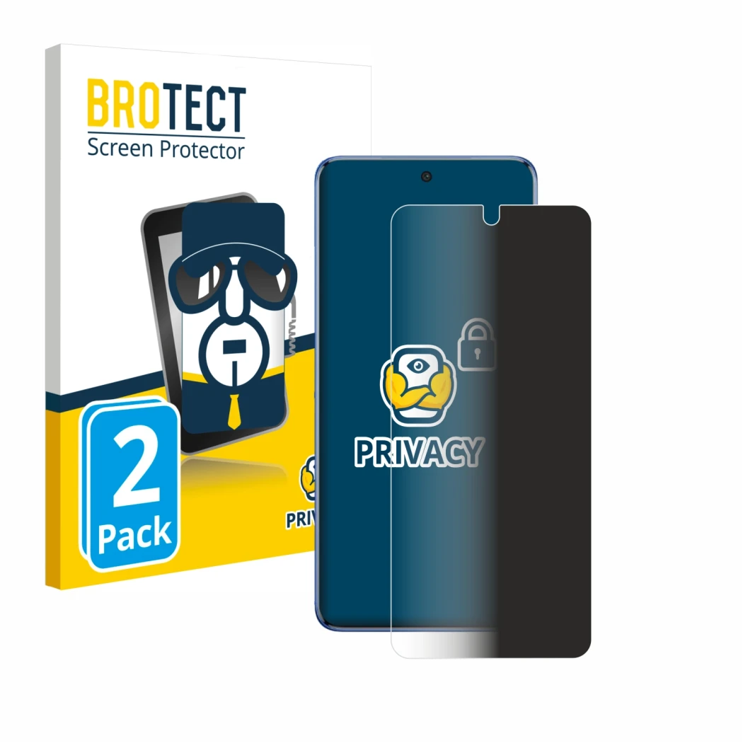 Face avant d’un emballage produit avec le logo de la marque BROTECT. À côté, l’appareil Vivo V50 est représenté avec la protec