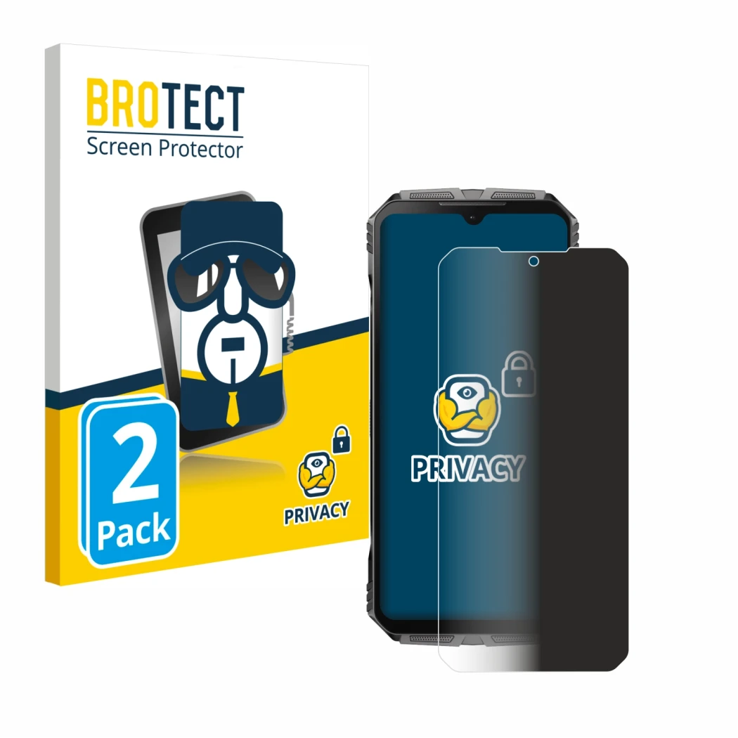 Face avant d’un emballage produit avec le logo de la marque BROTECT. À côté, l’appareil Doogee S Cyber Pro est représenté avec