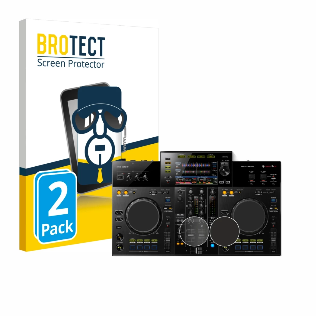 Face avant d’un emballage produit avec le logo de la marque BROTECT. À côté, l’appareil Pioneer XDJ -RR (Jog) est représenté a