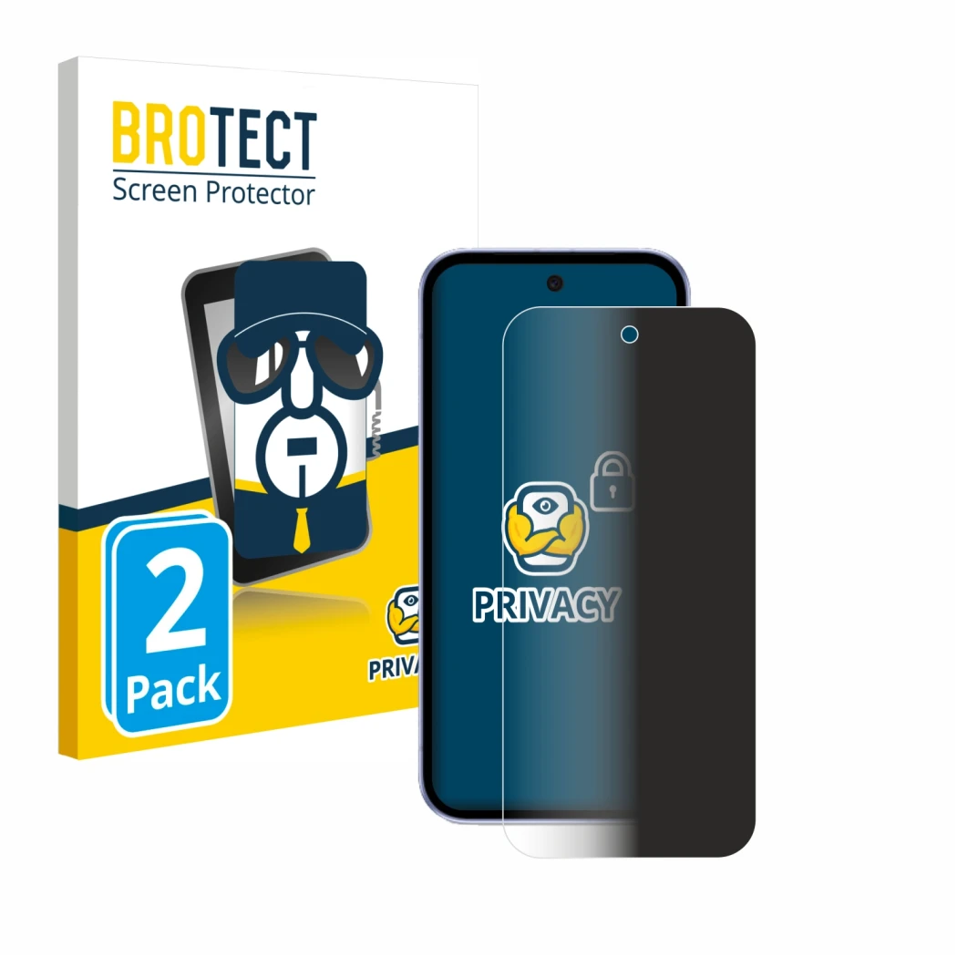 Face avant d’un emballage produit avec le logo de la marque BROTECT. À côté, l’appareil Google Pixel 9a est représenté avec la