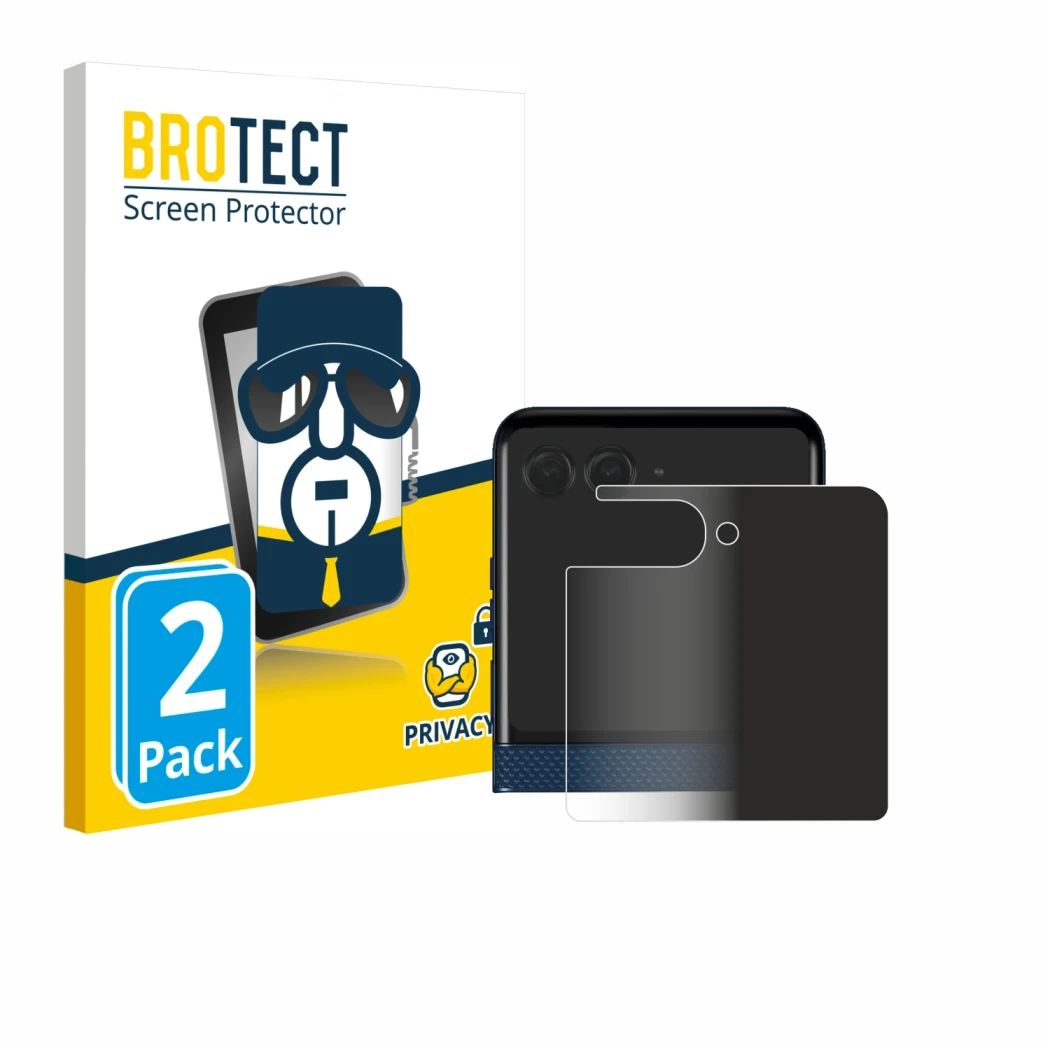 Face avant d’un emballage produit avec le logo de la marque BROTECT. À côté, l’appareil Motorola Razr 60 (Affichage arrière) e