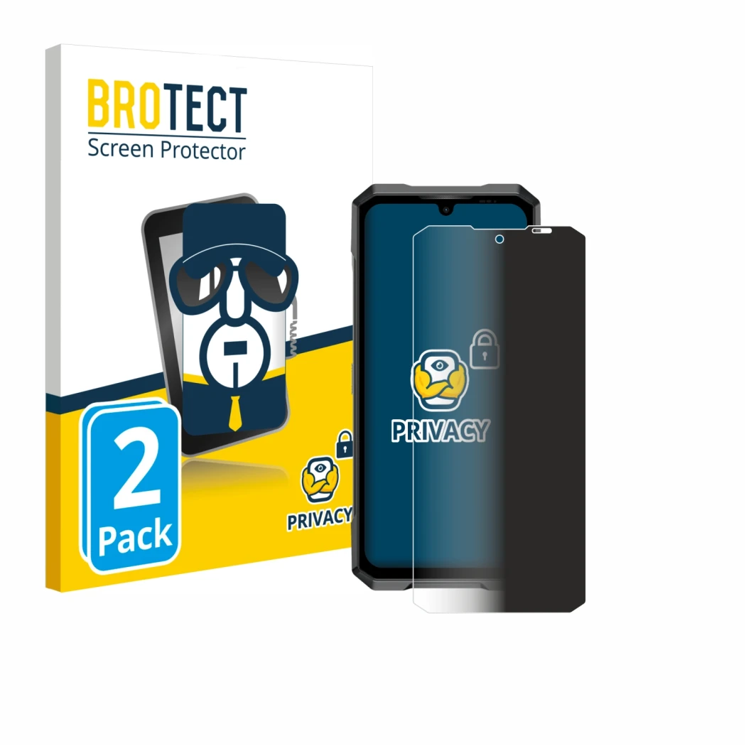 Face avant d’un emballage produit avec le logo de la marque BROTECT. À côté, l’appareil Doogee Blade GT Pro est représenté ave