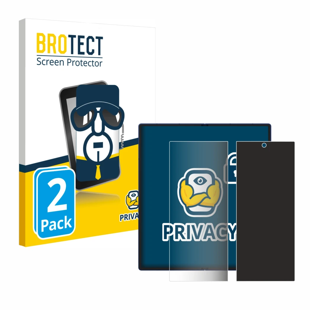 Face avant d’un emballage produit avec le logo de la marque BROTECT. À côté, l’appareil Samsung Galaxy Z Fold 7 (Affichage int