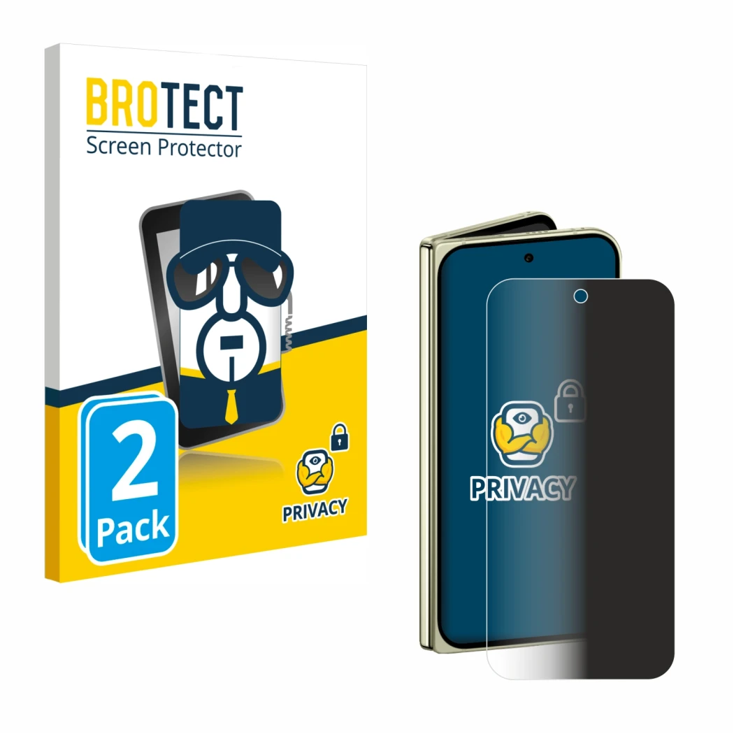 Face avant d’un emballage produit avec le logo de la marque BROTECT. À côté, l’appareil Google Pixel 10 Pro Fold est représent
