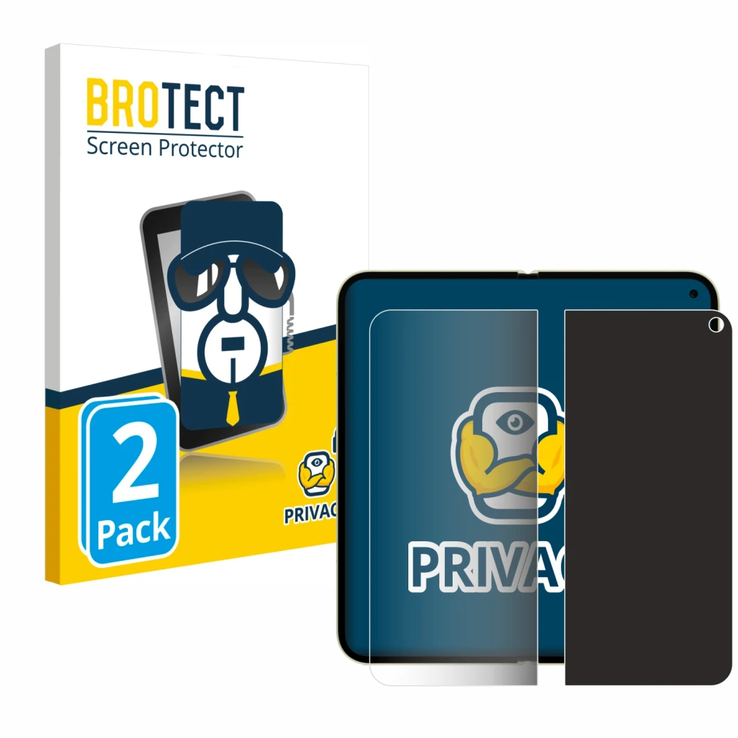 Face avant d’un emballage produit avec le logo de la marque BROTECT. À côté, l’appareil Google Pixel 10 Pro Fold (Affichage in