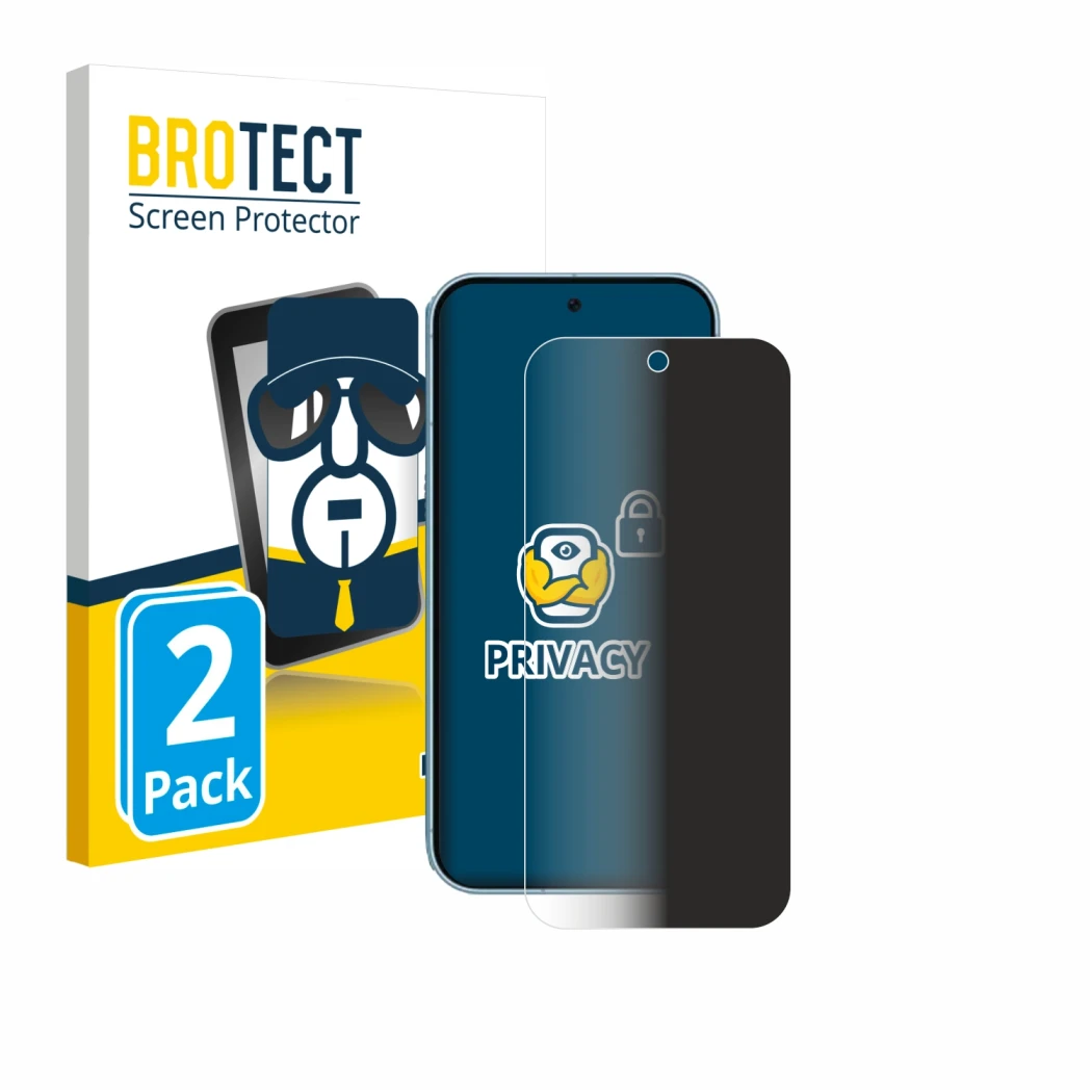 Face avant d’un emballage produit avec le logo de la marque BROTECT. À côté, l’appareil Google Pixel 9 (case-friendly) est rep