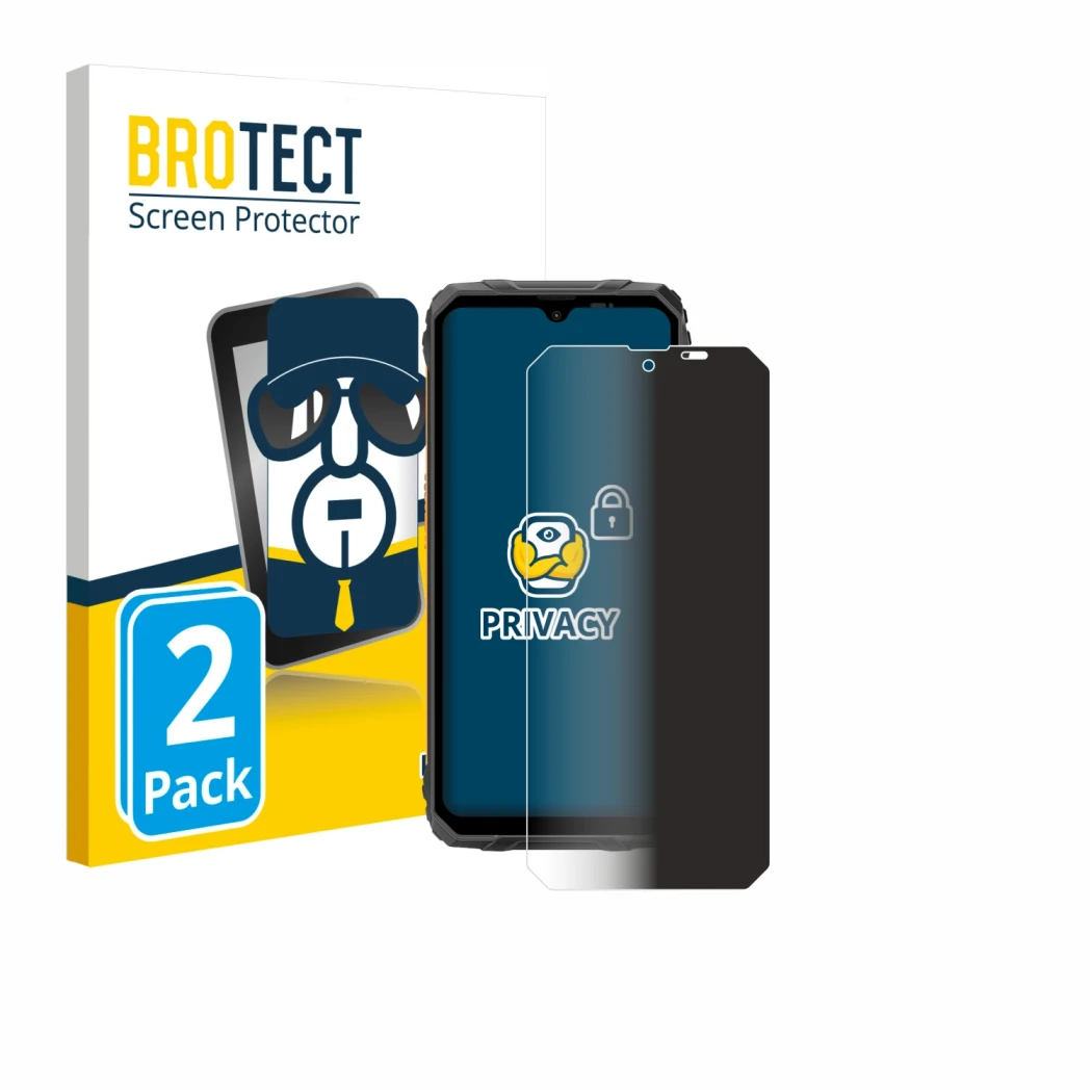 Face avant d’un emballage produit avec le logo de la marque BROTECT. À côté, l’appareil Blackview Fort 1 est représenté avec l