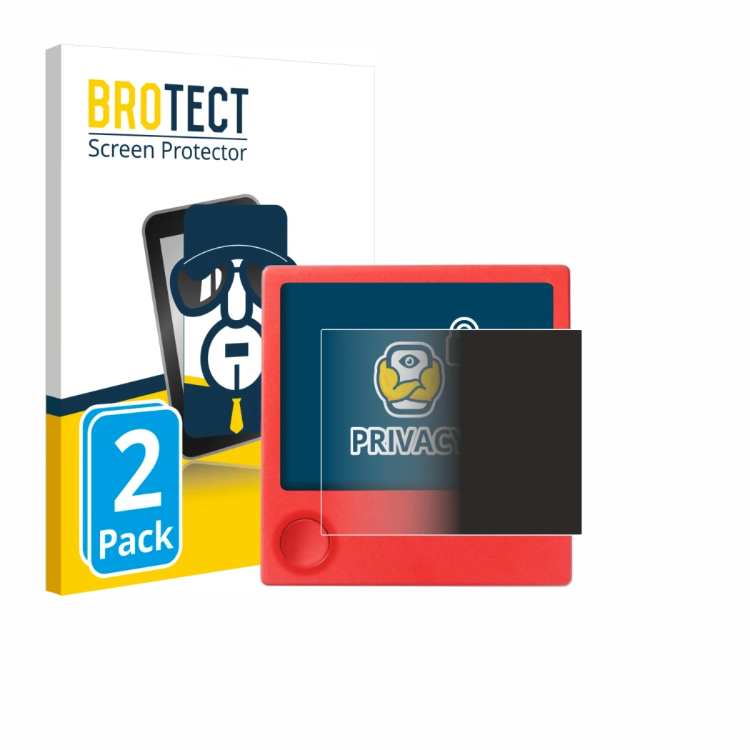 Face avant d’un emballage produit avec le logo de la marque BROTECT. À côté, l’appareil PicPak E-Ink Display est représenté av