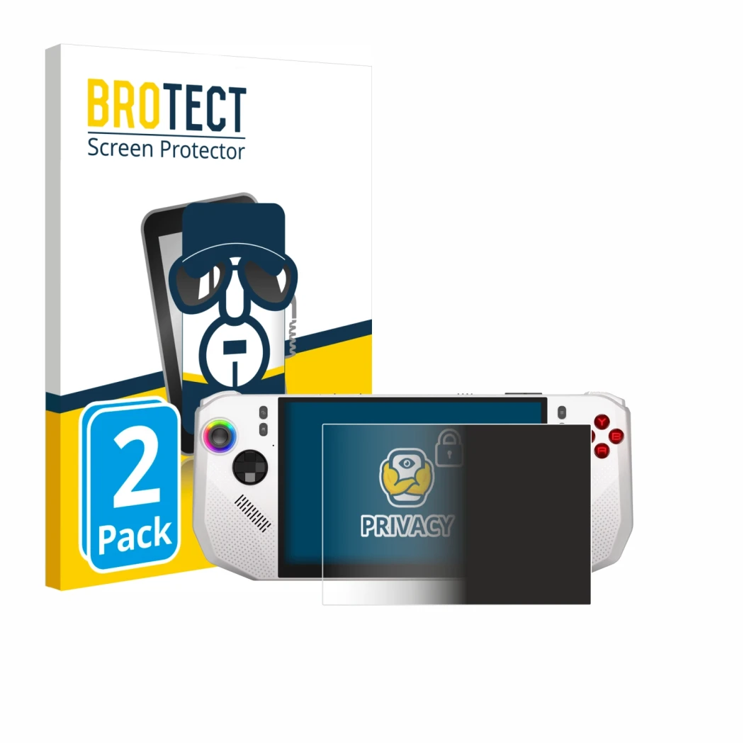 Face avant d’un emballage produit avec le logo de la marque BROTECT. À côté, l’appareil MSI Claw A8 BZ2EM est représenté avec 