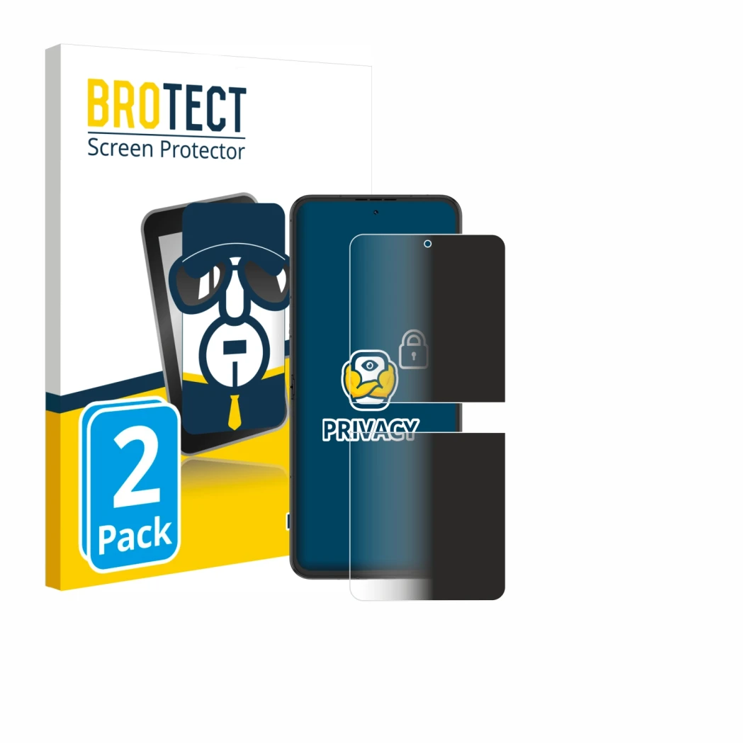 Face avant d’un emballage produit avec le logo de la marque BROTECT. À côté, l’appareil Nubia Flip 2 est représenté avec la pr