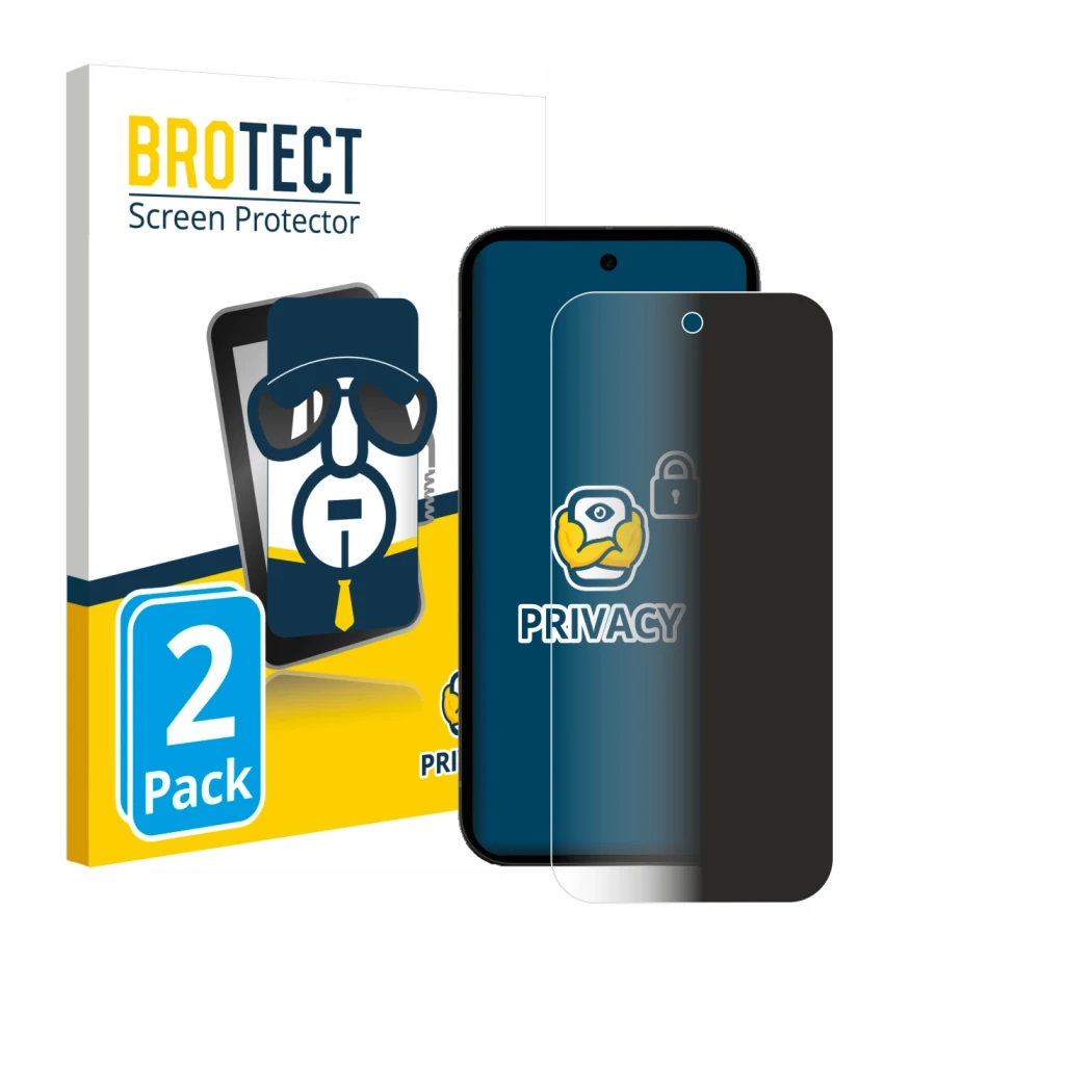 Face avant d’un emballage produit avec le logo de la marque BROTECT. À côté, l’appareil Google Pixel 10a est représenté avec l