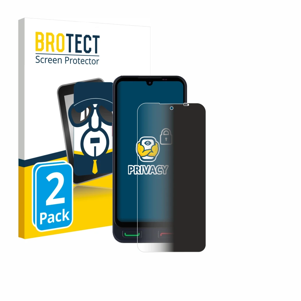 Face avant d’un emballage produit avec le logo de la marque BROTECT. À côté, l’appareil SPC Zeus 2 Pro est représenté avec la 