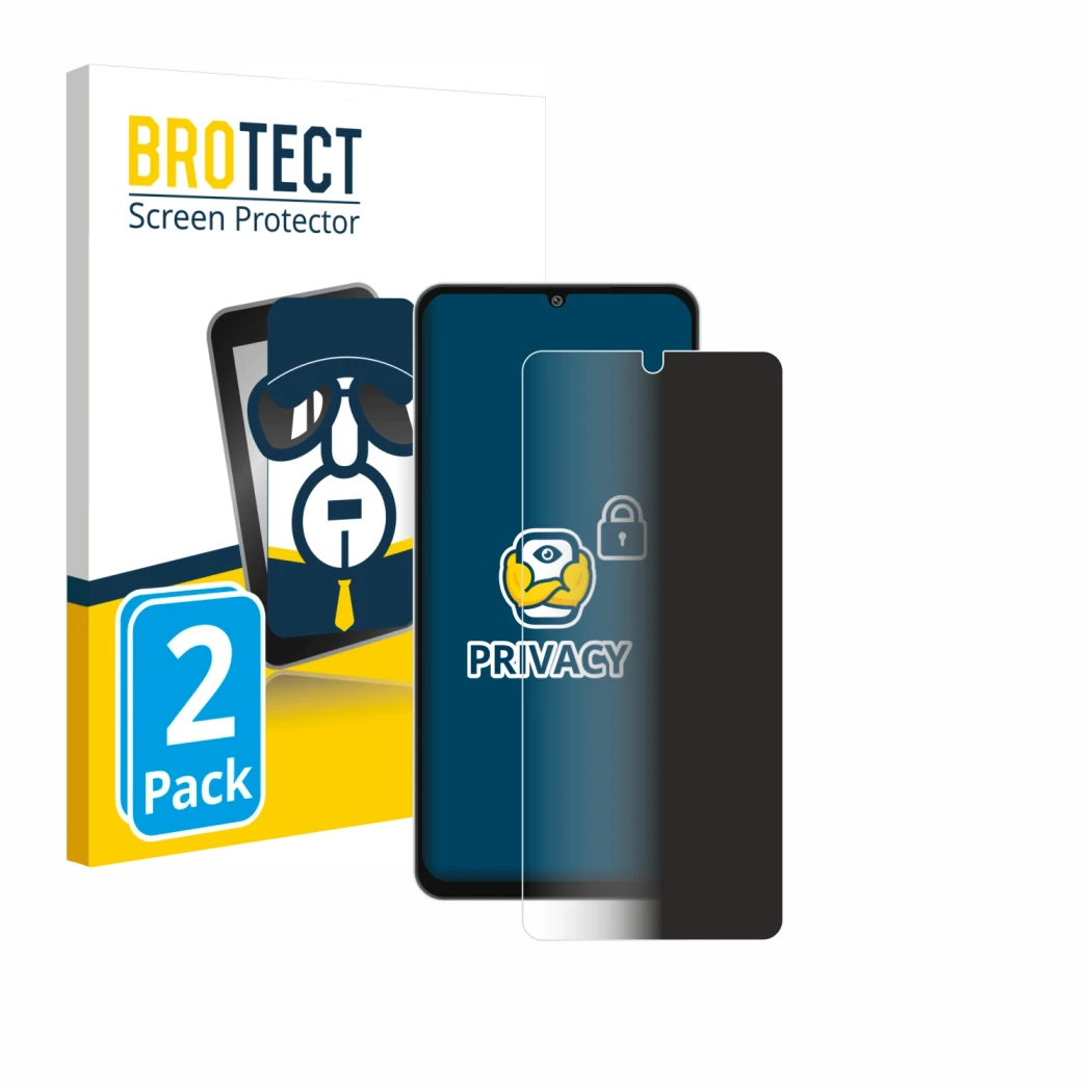 Face avant d’un emballage produit avec le logo de la marque BROTECT. À côté, l’appareil Samsung Galaxy M06 est représenté avec