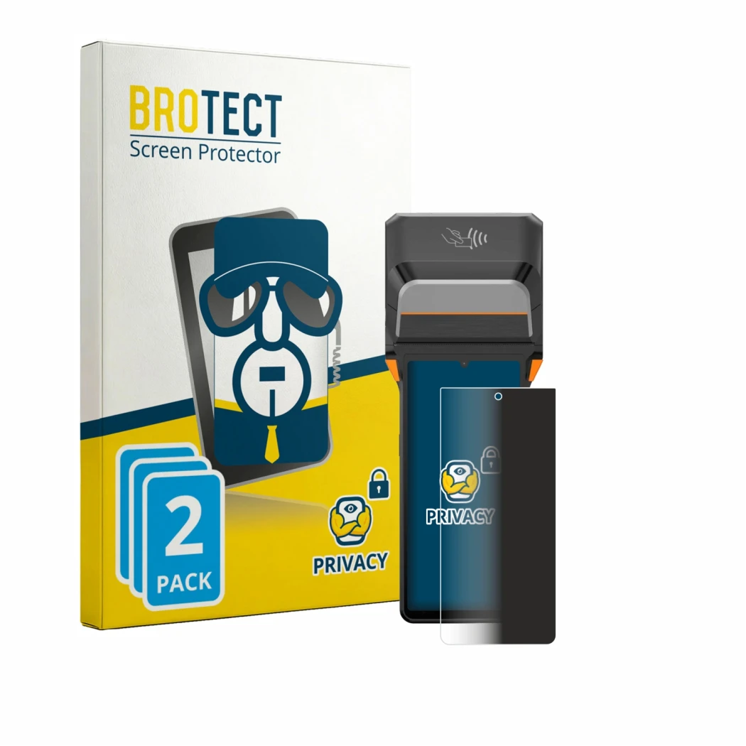 Face avant d’un emballage produit avec le logo de la marque BROTECT. À côté, l’appareil Sunmi V3 Plus est représenté avec la p