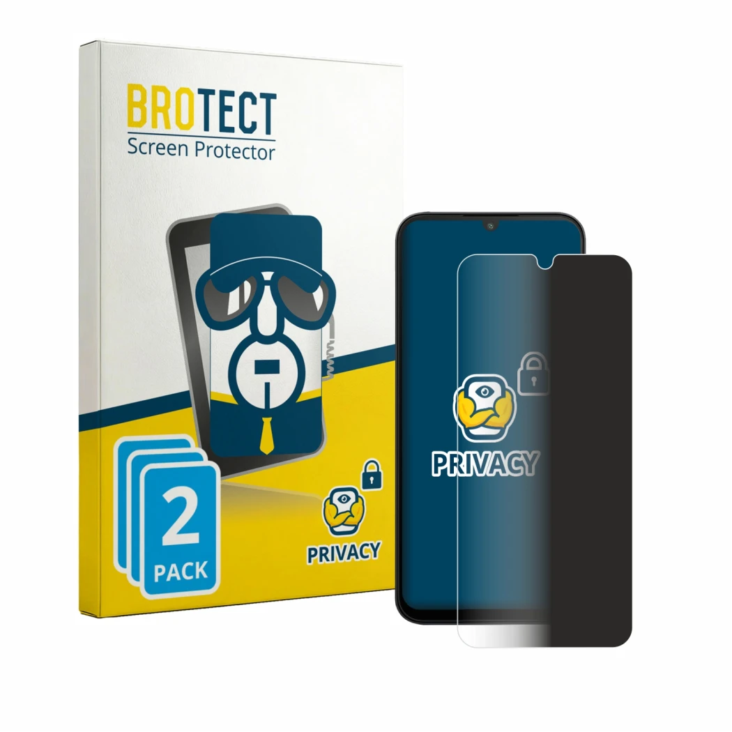 Face avant d’un emballage produit avec le logo de la marque BROTECT. À côté, l’appareil Xiaomi Poco C81 est représenté avec la