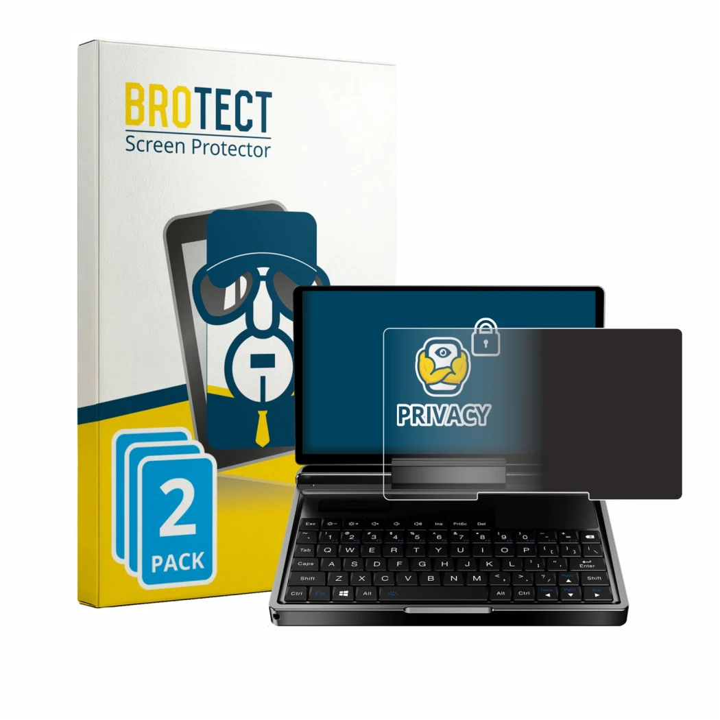 Face avant d’un emballage produit avec le logo de la marque BROTECT. À côté, l’appareil GPD MicroPC 2 est représenté avec la p