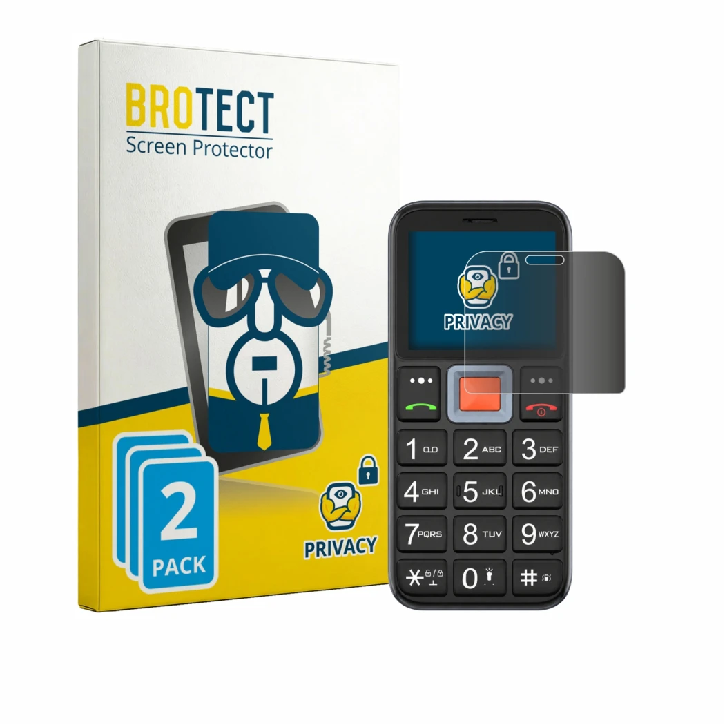 Face avant d’un emballage produit avec le logo de la marque BROTECT. À côté, l’appareil Easyfone Prime A5 est représenté avec 
