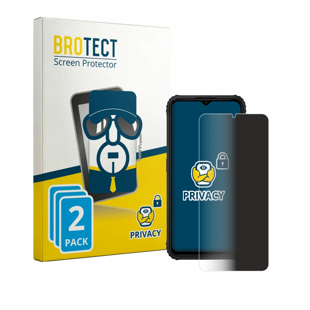 Face avant d’un emballage produit avec le logo de la marque BROTECT. À côté, l’appareil AGM H6 est représenté avec la protecti