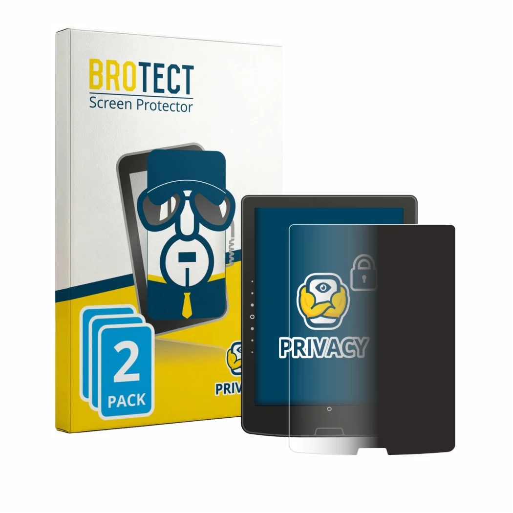 Face avant d’un emballage produit avec le logo de la marque BROTECT. À côté, l’appareil inkBOOK Solaris est représenté avec la