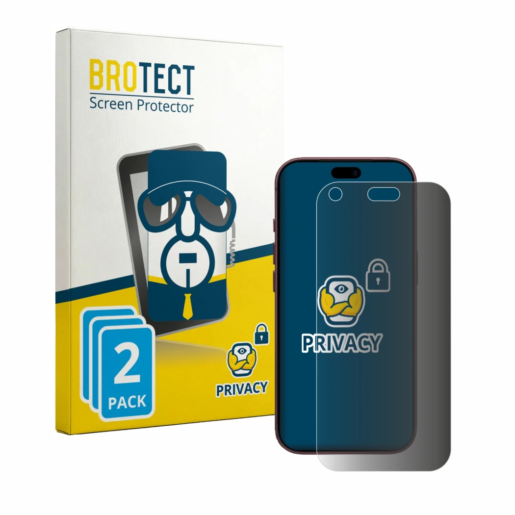 Face avant d’un emballage produit avec le logo de la marque BROTECT. À côté, l’appareil Apple iPhone 18 Pro est représenté ave