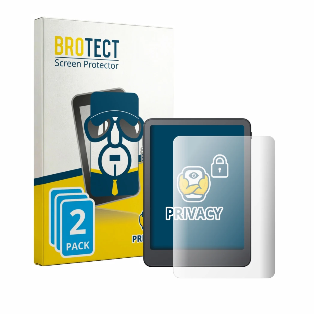 Face avant d’un emballage produit avec le logo de la marque BROTECT. À côté, l’appareil Amazon Kindle Colorsoft 2026 est repré