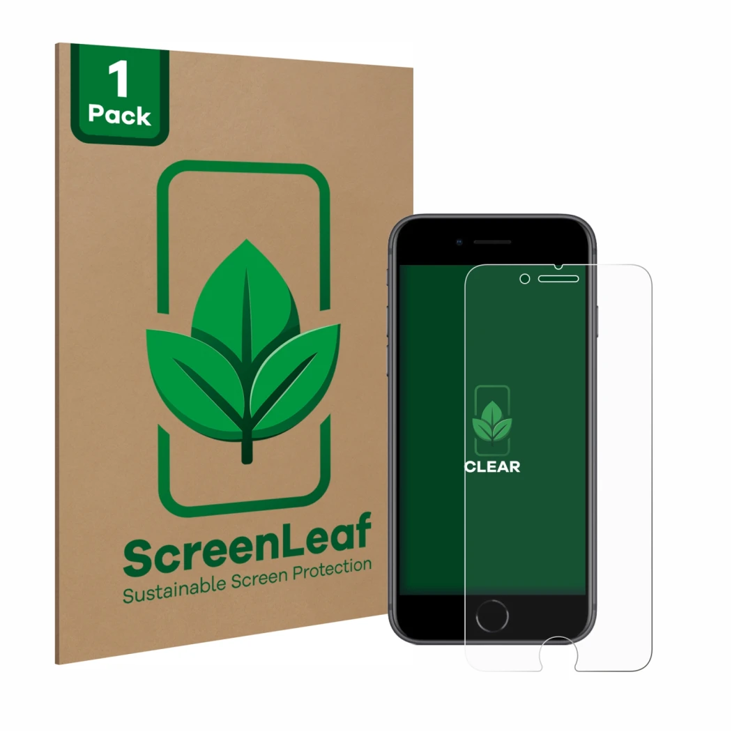 Face avant d’un emballage produit avec le logo de la marque ScreenLeaf. À côté, l’appareil Apple iPhone 8 est représenté avec 