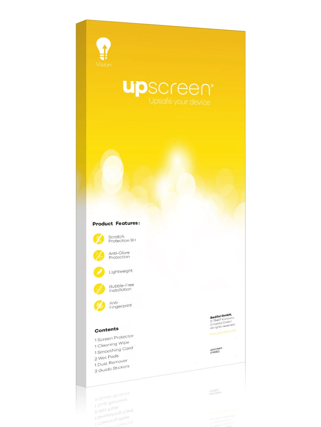 Face arrière d’un emballage produit avec le logo de la marque upscreen