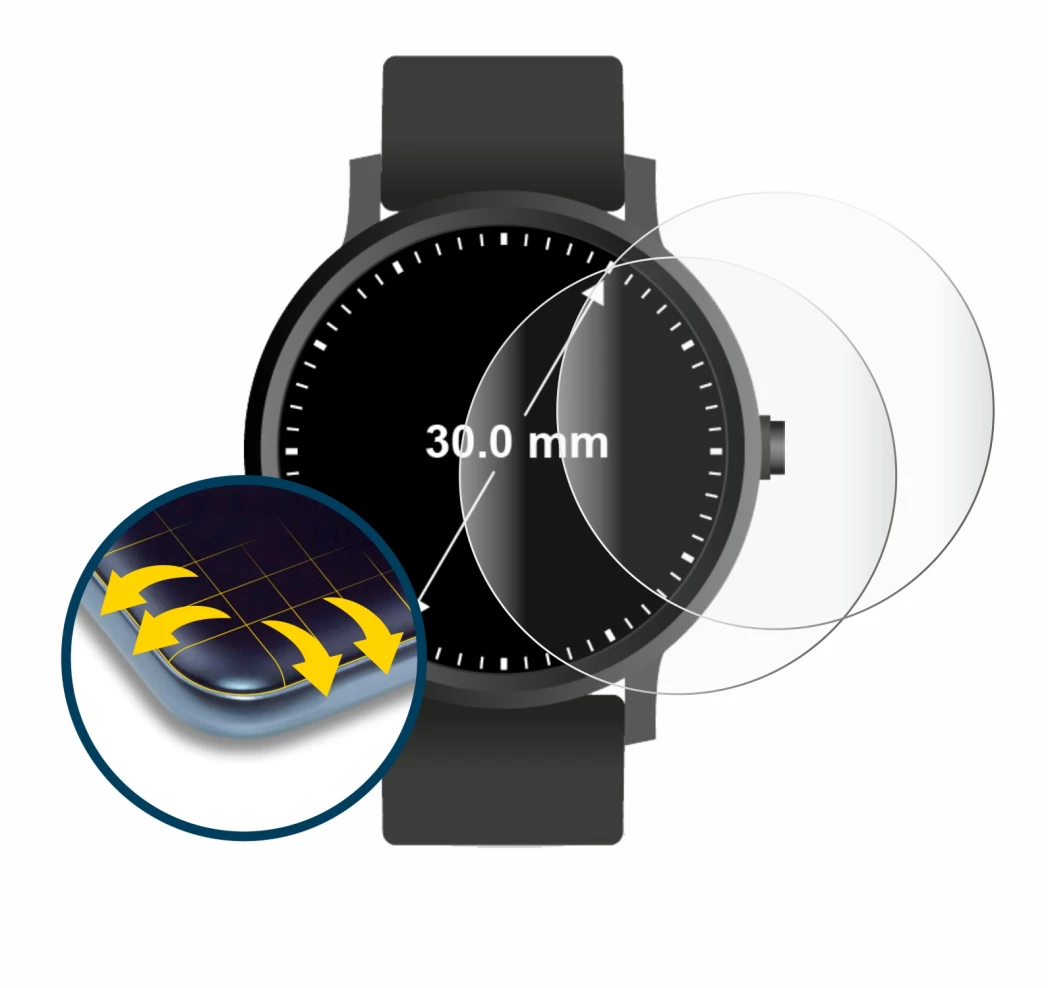 Image de l'appareil Montres (Circulaire, ø: 30 mm) avec une grande variété de protections d'écran.