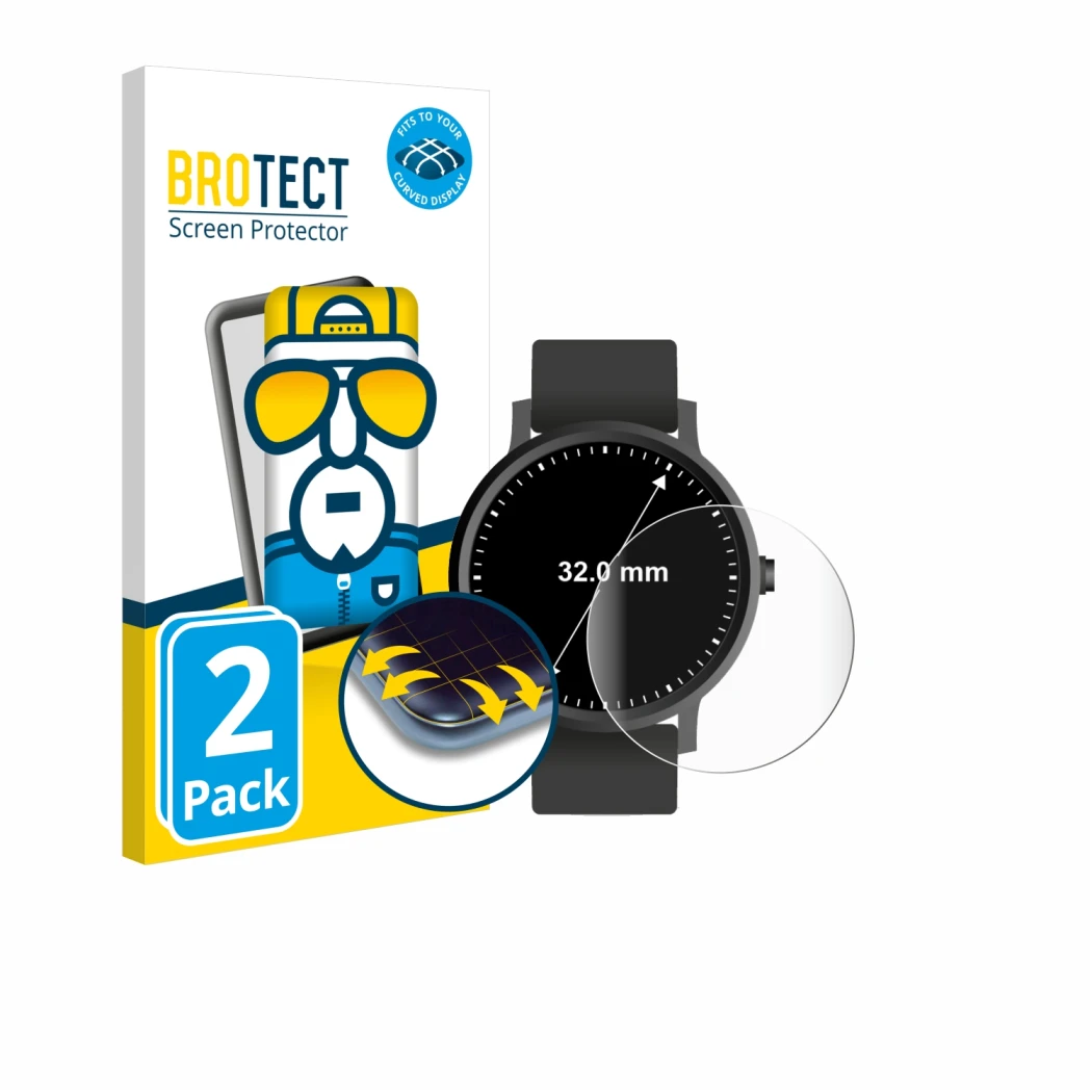 Face avant d’un emballage produit avec le logo de la marque BROTECT. À côté, l’appareil Montres (Circulaire, ø: 32 mm) est rep