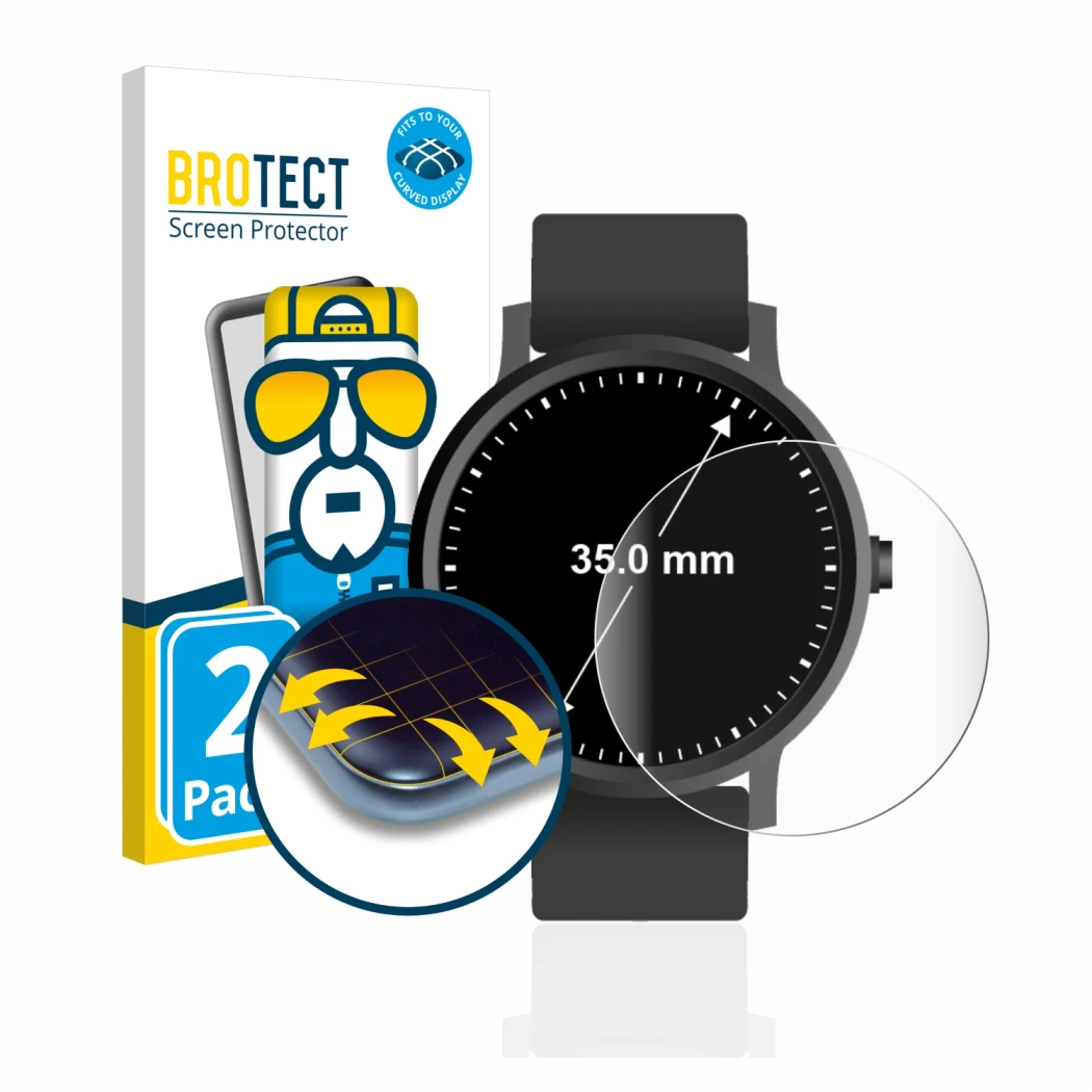 Face avant d’un emballage produit avec le logo de la marque BROTECT. À côté, l’appareil Montres (Circulaire, ø: 35 mm) est rep