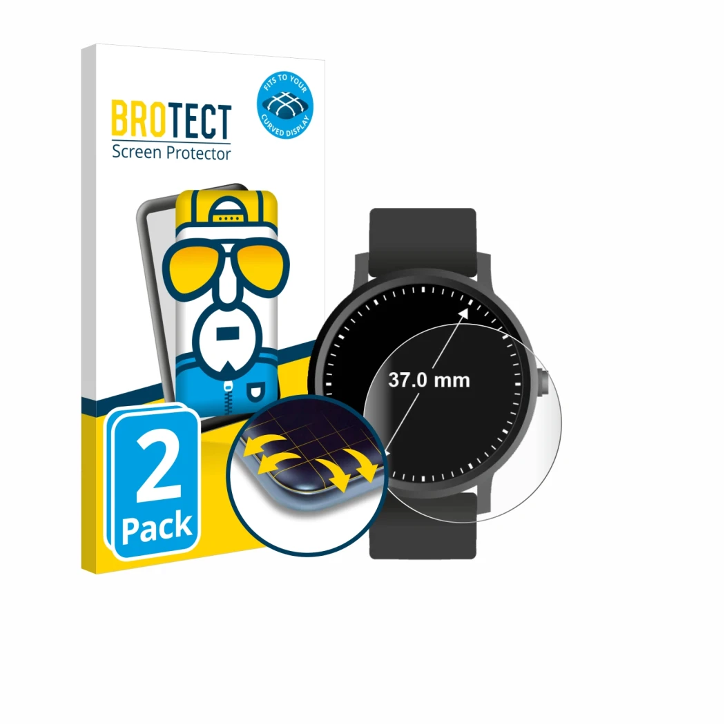 Face avant d’un emballage produit avec le logo de la marque BROTECT. À côté, l’appareil Montres (Circulaire, ø: 37 mm) est rep