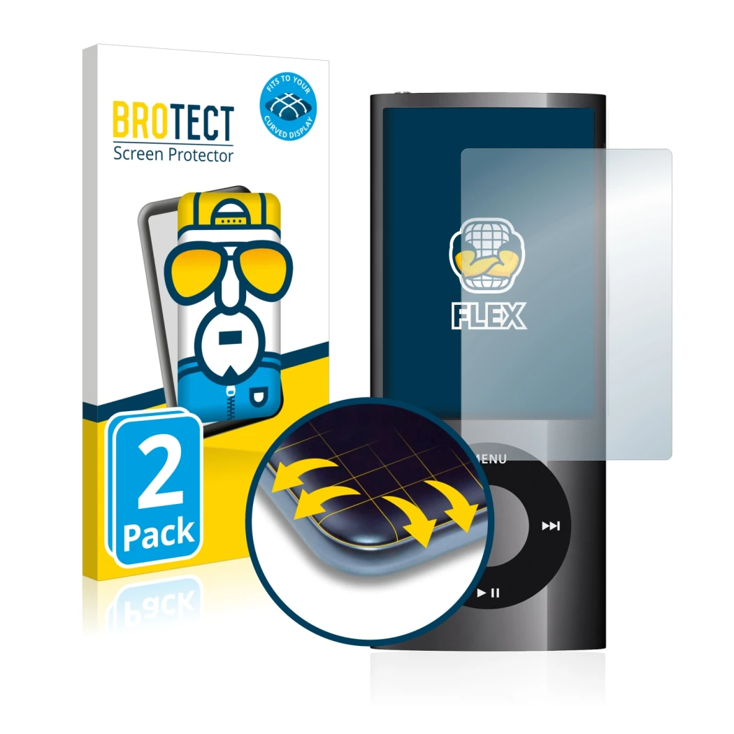 Face avant d’un emballage produit avec le logo de la marque BROTECT. À côté, l’appareil Apple iPod nano 2009 (5ème Gen.) est r