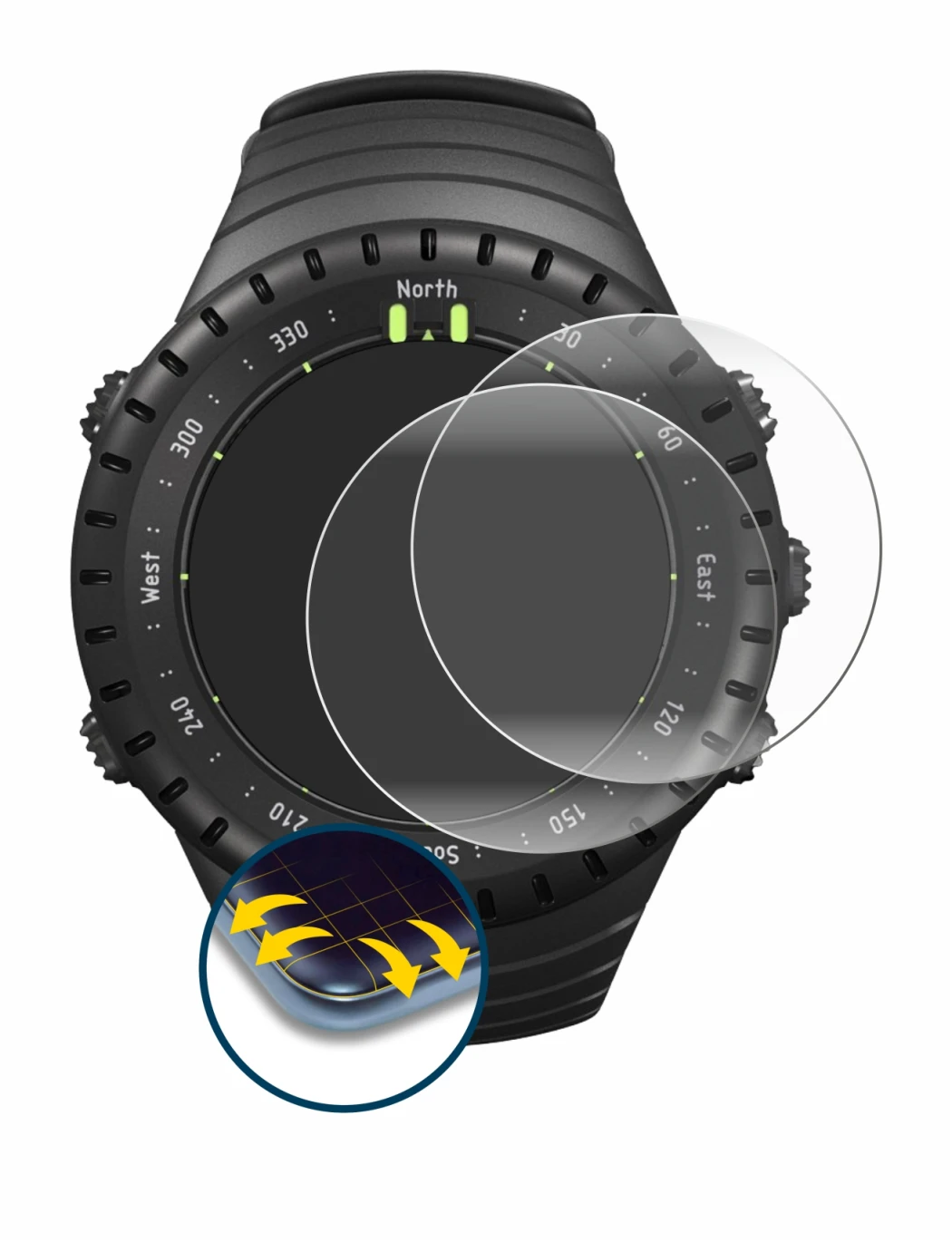 Image de l'appareil Suunto Core All Black avec une grande variété de protections d'écran.