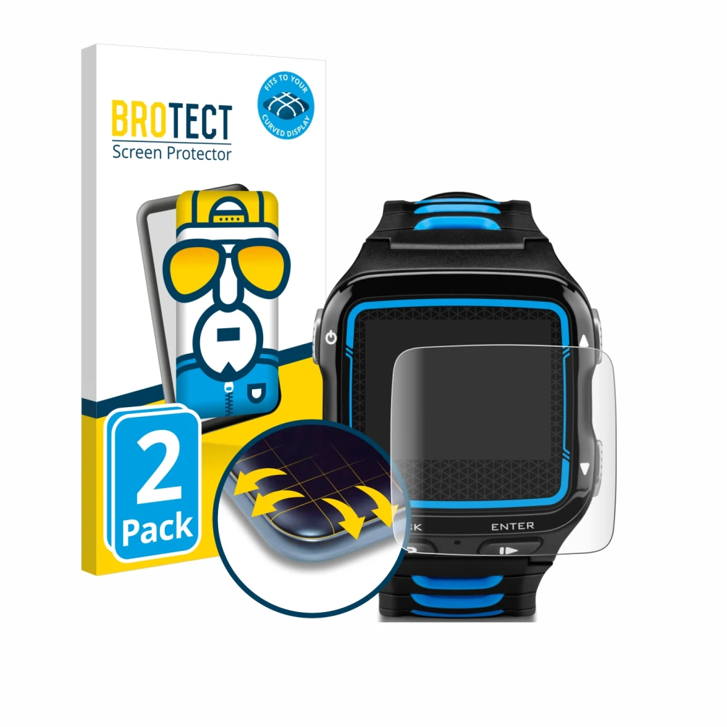 Face avant d’un emballage produit avec le logo de la marque BROTECT. À côté, l’appareil Garmin Forerunner 920XT est représenté