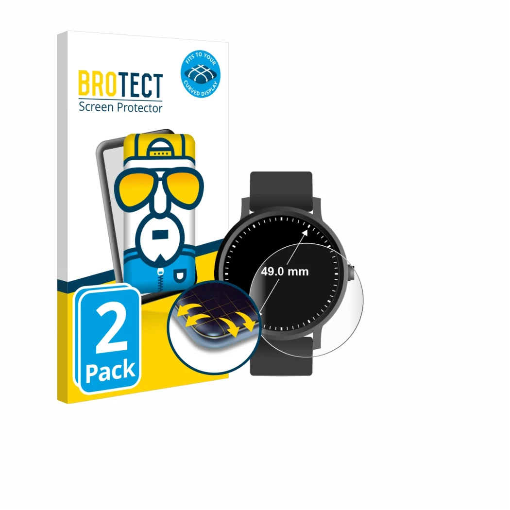 Face avant d’un emballage produit avec le logo de la marque BROTECT. À côté, l’appareil Montres (Circulaire, ø: 49 mm) est rep