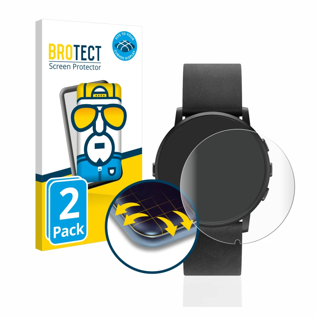 Face avant d’un emballage produit avec le logo de la marque BROTECT. À côté, l’appareil Pebble Time Round est représenté avec