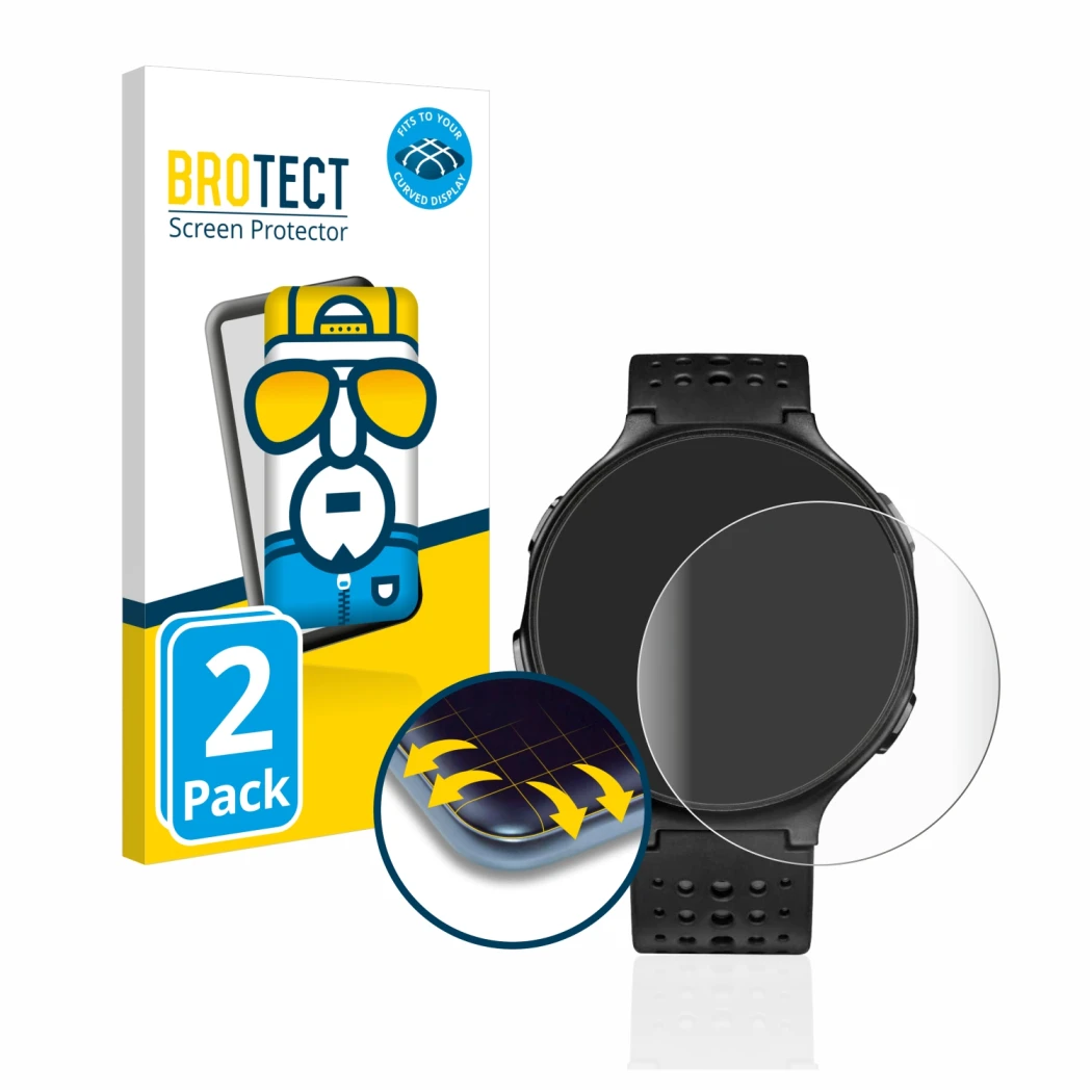 Face avant d’un emballage produit avec le logo de la marque BROTECT. À côté, l’appareil Garmin Forerunner 235 est représenté a