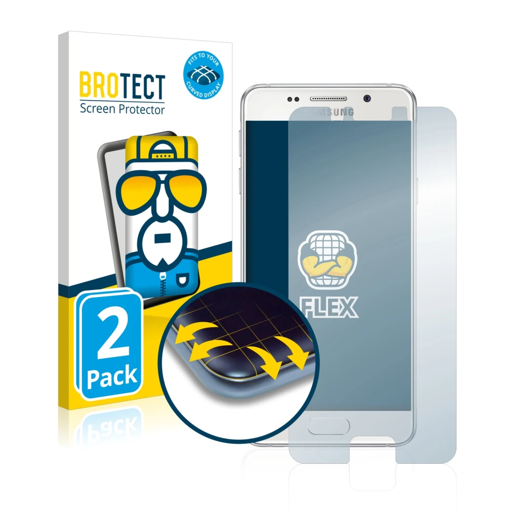 Face avant d’un emballage produit avec le logo de la marque BROTECT. À côté, l’appareil Samsung Galaxy A3 2016 est représenté 