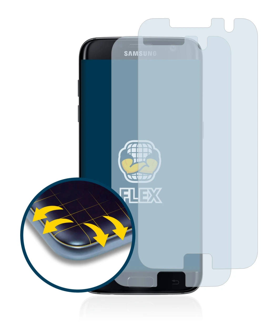 Image de l'appareil Samsung Galaxy S7 Edge avec une grande variété de protections d'écran.