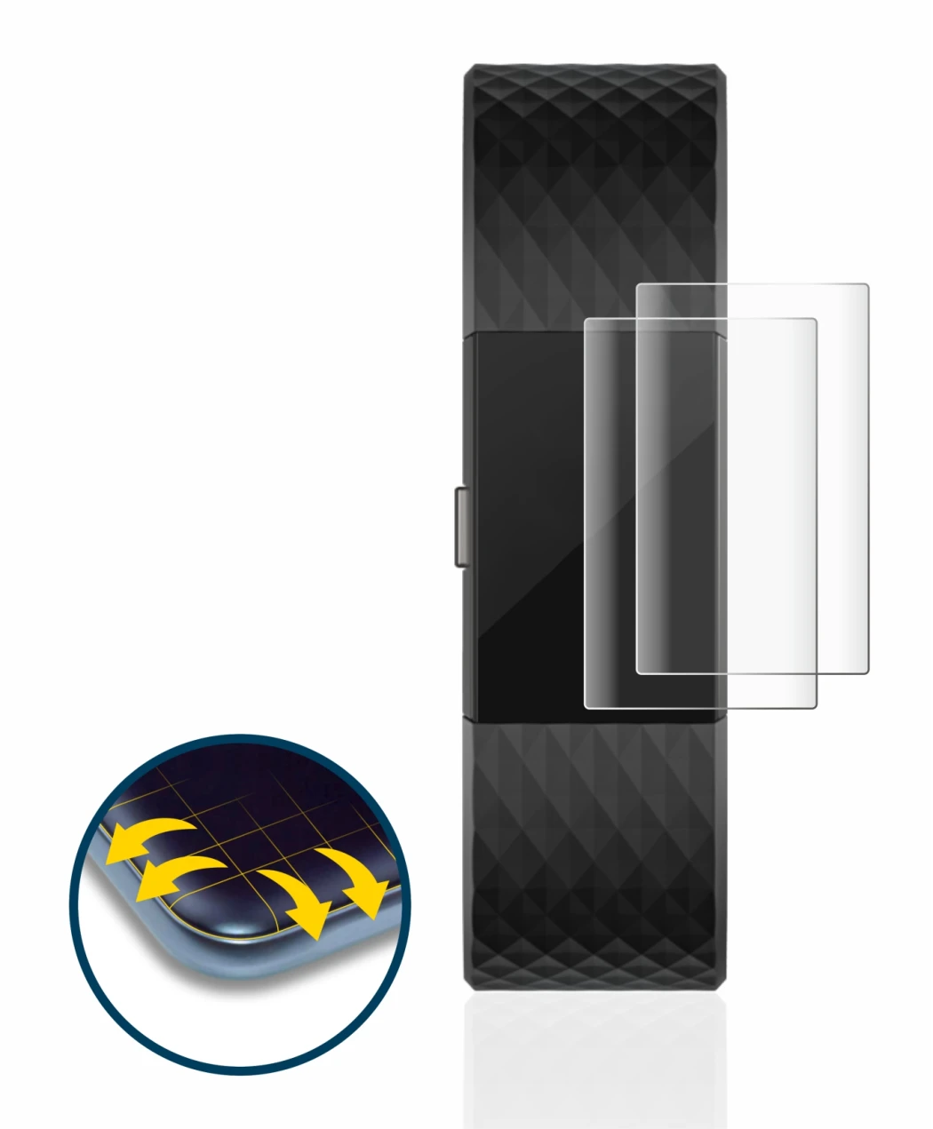 Image de l'appareil Fitbit Charge 2 avec une grande variété de protections d'écran.