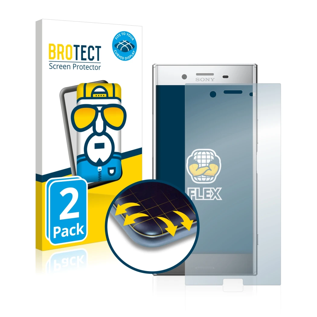 Face avant d’un emballage produit avec le logo de la marque BROTECT. À côté, l’appareil Sony Xperia XZ Premium est représenté 