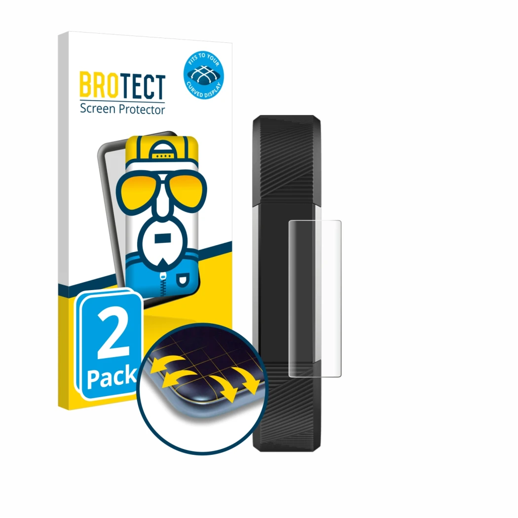 Face avant d’un emballage produit avec le logo de la marque BROTECT. À côté, l’appareil Fitbit Alta HR est représenté avec la 