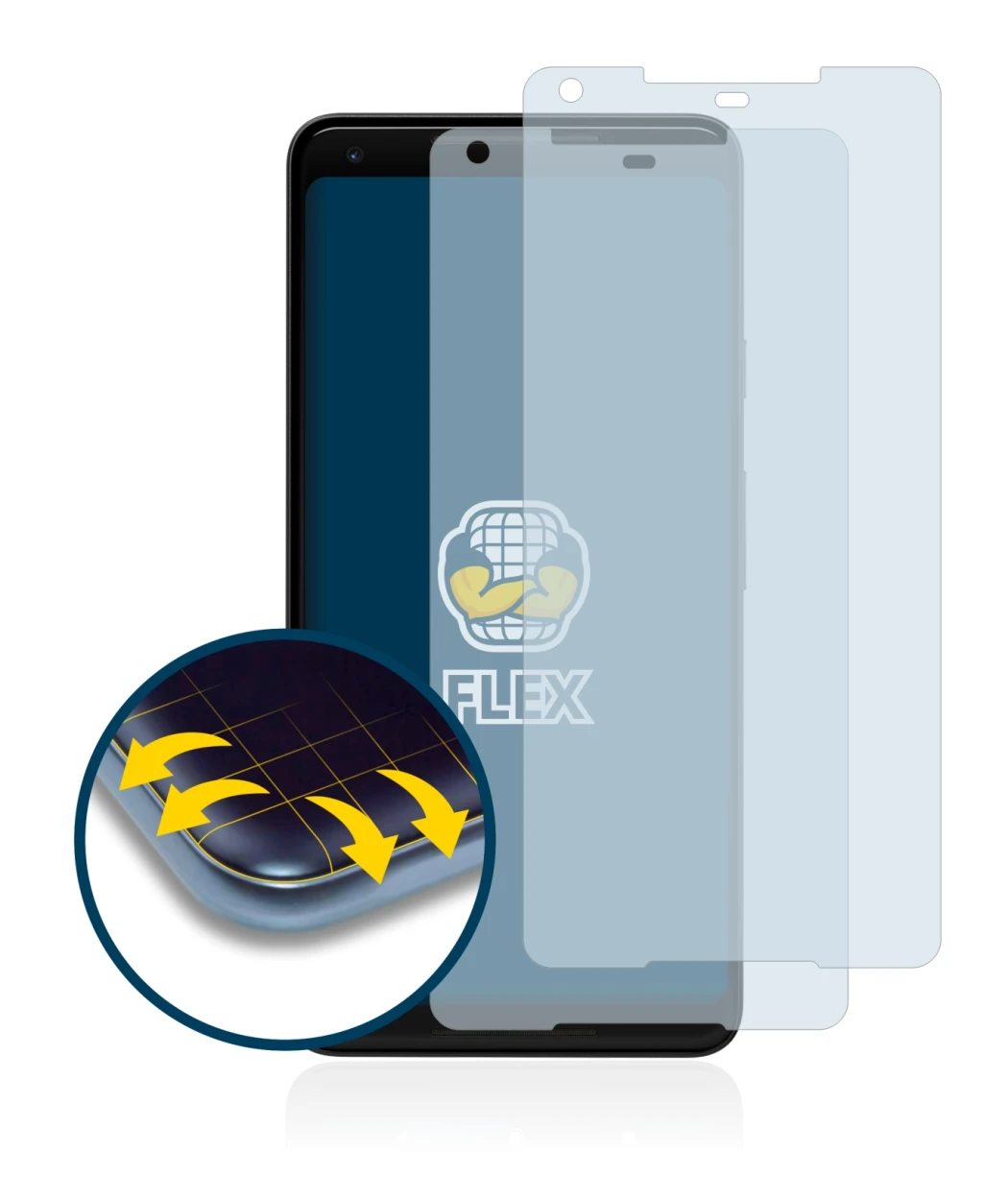 Image de l'appareil Google Pixel 2 XL avec une grande variété de protections d'écran.