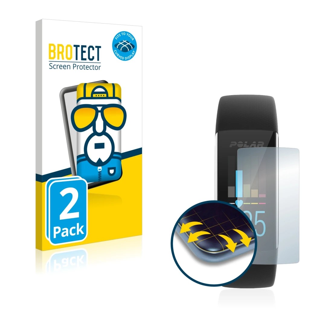 Face avant d’un emballage produit avec le logo de la marque BROTECT. À côté, l’appareil Polar A370 est représenté avec la prot