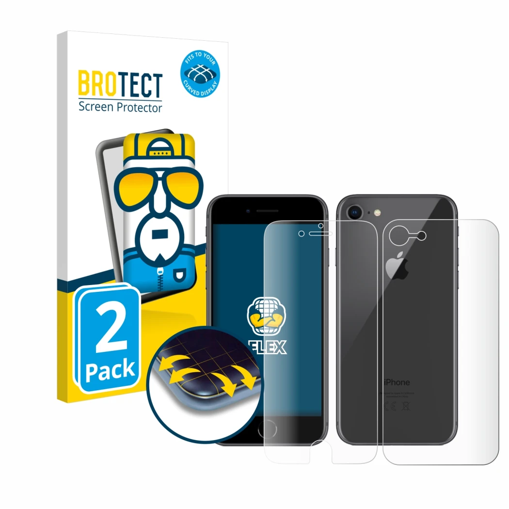 Face avant d’un emballage produit avec le logo de la marque BROTECT. À côté, l’appareil Apple iPhone 8 (Avant+Arrière) est rep