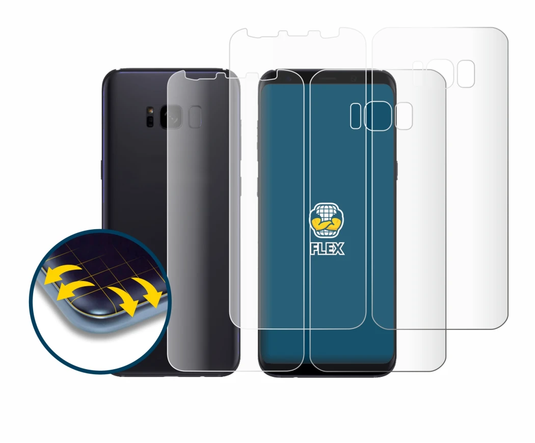 Image de l'appareil Samsung Galaxy S8 (Avant+Arrière) avec une grande variété de protections d'écran.