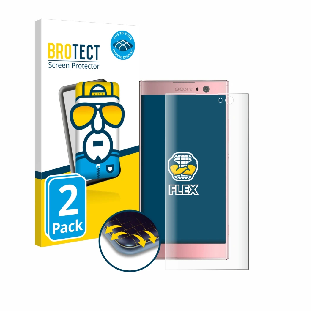 Face avant d’un emballage produit avec le logo de la marque BROTECT. À côté, l’appareil Sony Xperia XA2 est représenté avec la